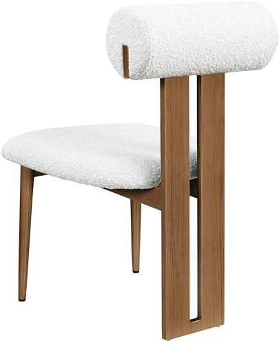 Contemporary Dining Chair with Rich Cream Boucle Fabric, Dark Walnut Wood Look Metal Frame