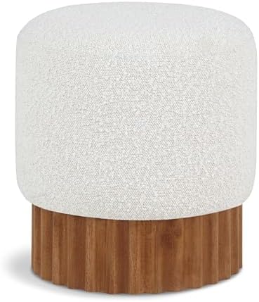 Mid-Century Modern Ottoman/Stool with Rich Cream Boucle Fabric, Solid Wood Walnut Brown Finish Base