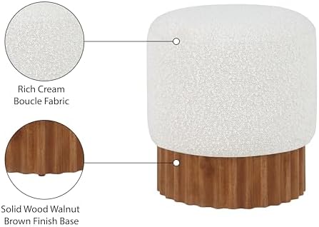 Mid-Century Modern Ottoman/Stool with Rich Cream Boucle Fabric, Solid Wood Walnut Brown Finish Base