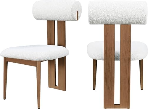 Contemporary Dining Chair with Rich Cream Boucle Fabric, Dark Walnut Wood Look Metal Frame