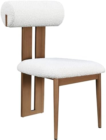 Contemporary Dining Chair with Rich Cream Boucle Fabric, Dark Walnut Wood Look Metal Frame