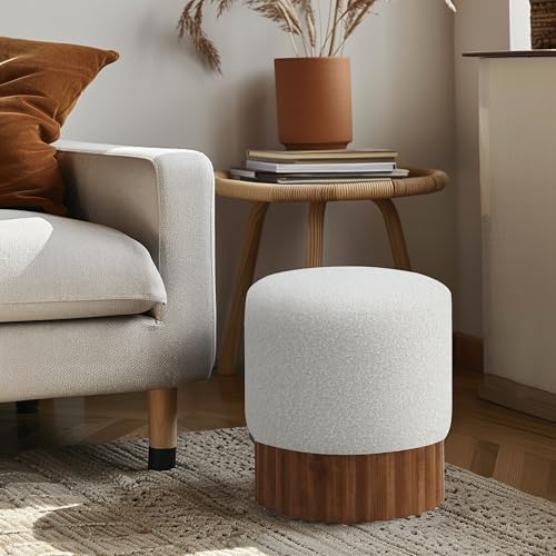 Mid-Century Modern Ottoman/Stool with Rich Cream Boucle Fabric, Solid Wood Walnut Brown Finish Base