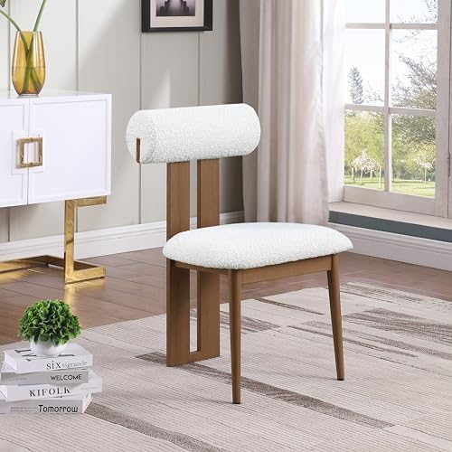Contemporary Dining Chair with Rich Cream Boucle Fabric, Dark Walnut Wood Look Metal Frame