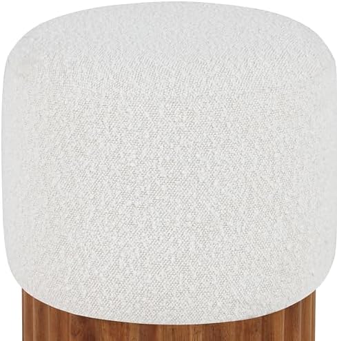 Mid-Century Modern Ottoman/Stool with Rich Cream Boucle Fabric, Solid Wood Walnut Brown Finish Base