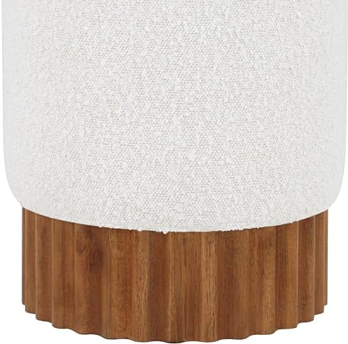 Mid-Century Modern Ottoman/Stool with Rich Cream Boucle Fabric, Solid Wood Walnut Brown Finish Base